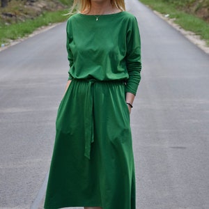 ROSE - cotton dress with belt - green / long sleeve and pockets / midi dress / made in Poland / vintage dress / handmade dress / midi