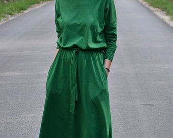 ROSE - cotton dress with belt - green / long sleeve and pockets / midi dress / made in Poland / vintage dress / handmade dress / midi