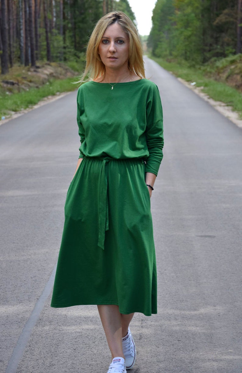 ROSE Baumwollkleid mit Gürtel Graphit / Langarm und Taschen / Midikleid / made in Poland / Vintage Kleid / handgemachtes Kleid / Midi Bild 10