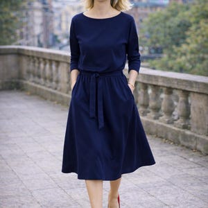 Midi Dress with Pockets and Belt, Cotton Long Sleeve Dress