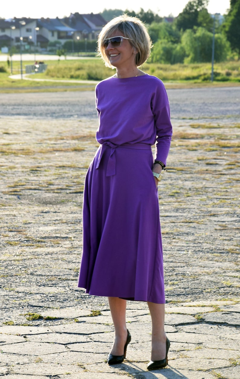 ADELA Midi Robe coton dété évasée / 100% coton / Robe avec poches / robe femme / robe midi / robe pour le travail / Robe violette image 6