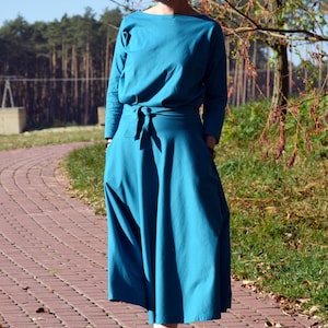 ADELA Midi grafiet Flared katoenen jurk / Party Dress / 100% katoen / Jurk met Zakken / damesjurk / midi jurk / jurk met mouwen Turquoise