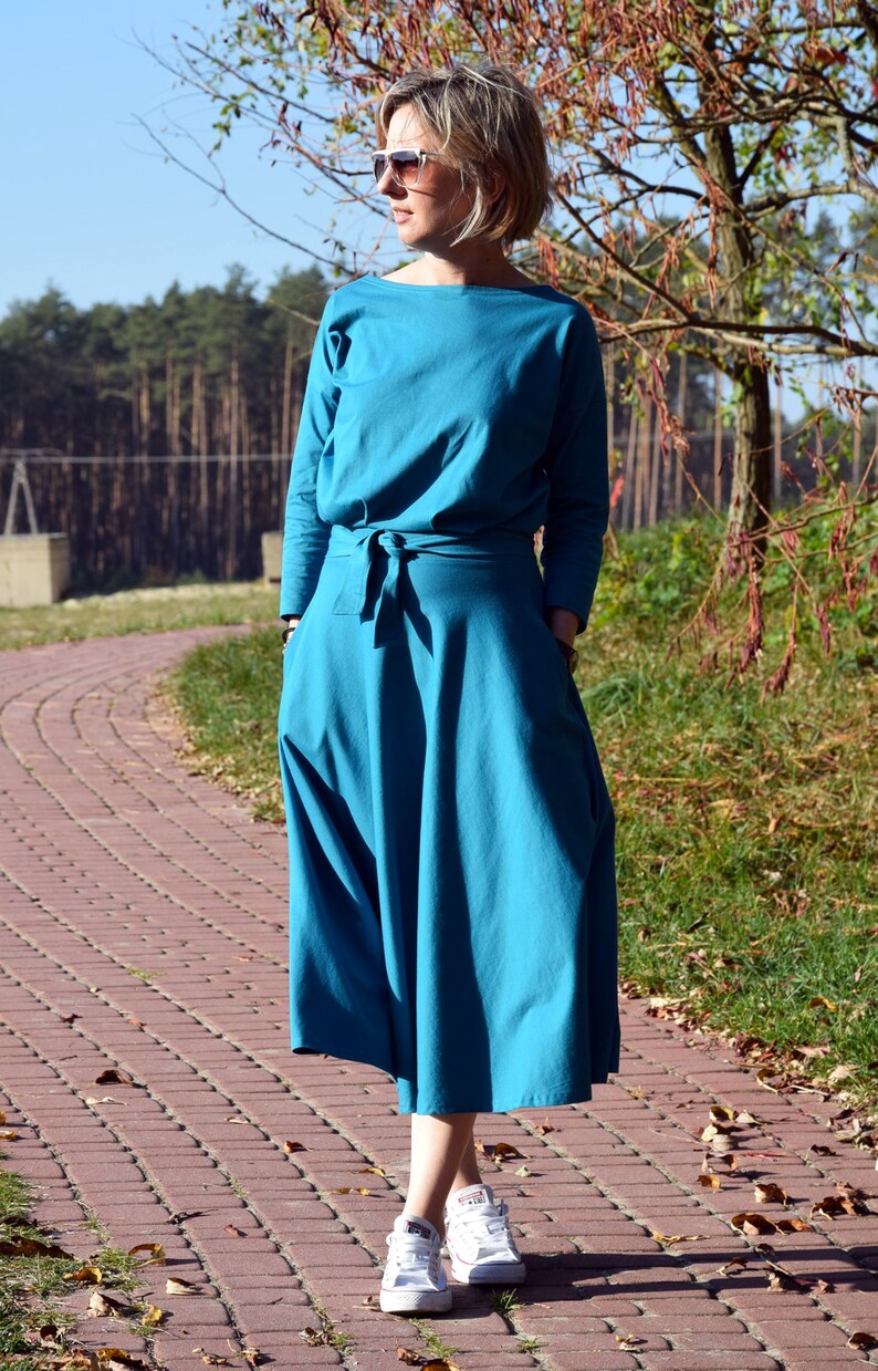 ADELA Midi Graphit Flared Baumwollkleid / Partykleid / 100% Baumwolle / Kleid mit Taschen / Damenkleid / Midikleid / Kleid mit Ärmeln Turquoise