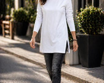 White Cotton Long Sleeve Top with Side Slits – Boat Neck Tunic