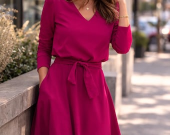 Elegant Fuchsia Midi Dress for Women, Cotton V Neck Belted Dress, JENNIFER
