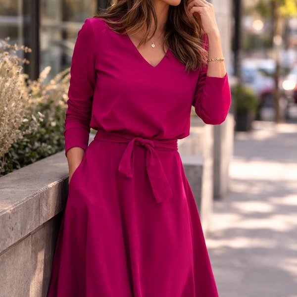 Elegante vestido midi fucsia para mujer, vestido de algodón con cuello en V y cinturón, JENNIFER