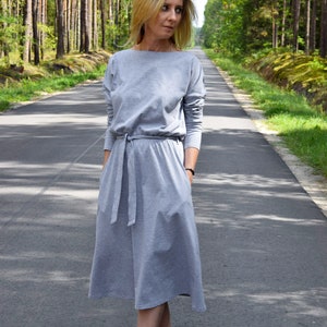 ROSE cotton dress with belt graphite / long sleeve and pockets / midi dress / made in Poland / vintage dress / handmade dress / midi image 5