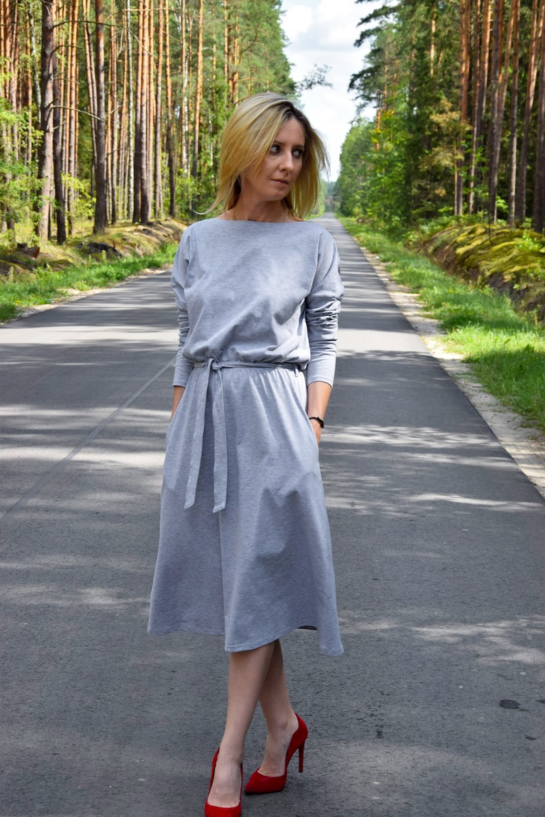 ROSE cotton dress with belt graphite / long sleeve and pockets / midi dress / made in Poland / vintage dress / handmade dress / midi image 5