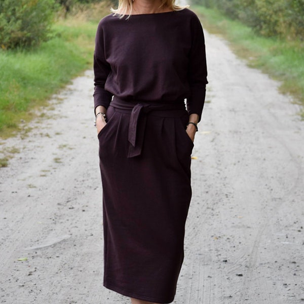 NINA unique brown 100% cotton maxi dress with belt / handmade / Long Sleeves / with pockets / Round Neckline / long dress / elegant dress