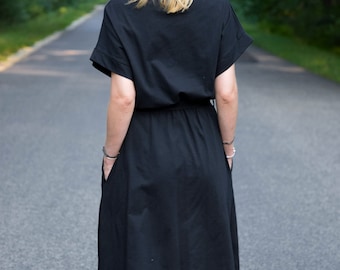 Cotton Dress / Midi Dress / Black Dress / Dress With Belt