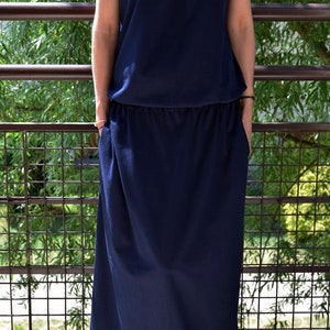 Sisters Long Dress Amira Graphite / cotton maxi dress / summer dress / tied at the neck / handmade and vintage Navy blue