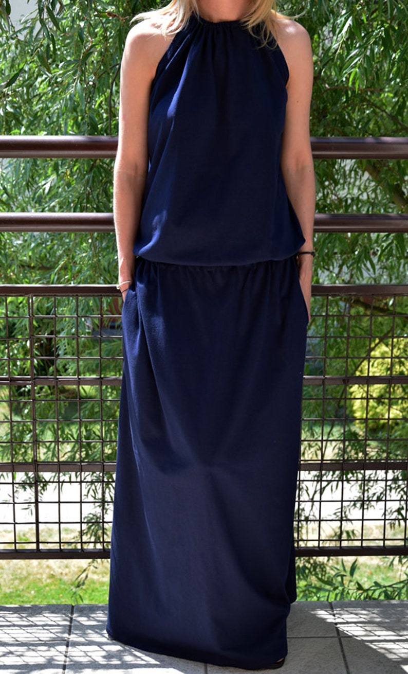 Sisters Long Dress Amira Graphite / cotton maxi dress / summer dress / tied at the neck / handmade and vintage Navy blue