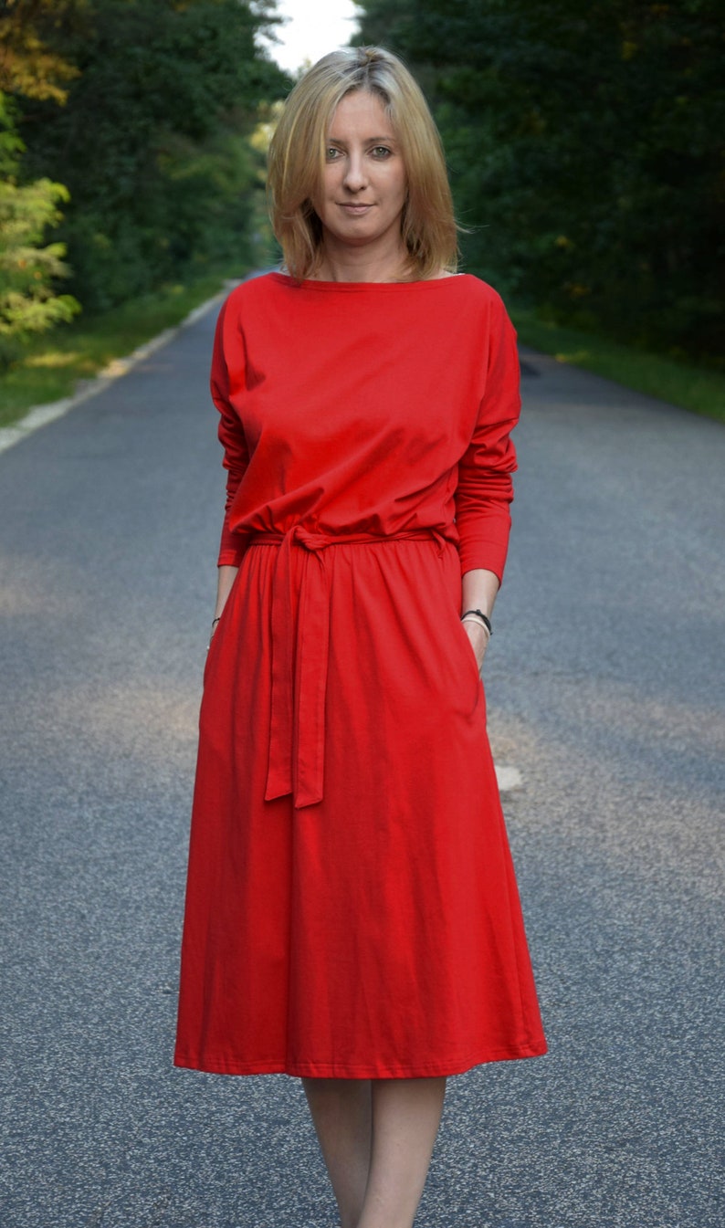 ROSE Baumwollkleid mit Gürtel Graphit / Langarm und Taschen / Midikleid / made in Poland / Vintage Kleid / handgemachtes Kleid / Midi Bild 9