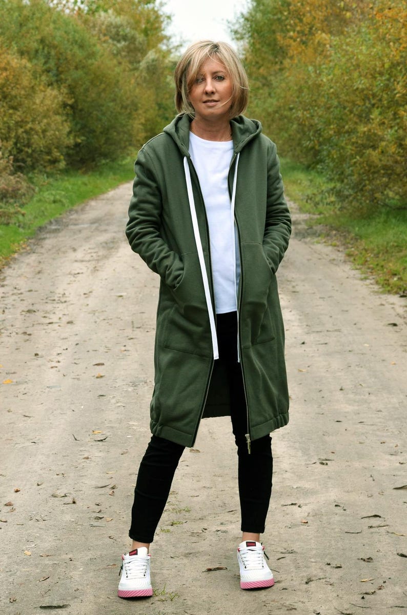 Long Cotton Zip-Up Hoodie, Thumbhole Sweatshirt, Cozy Outerwear image 1