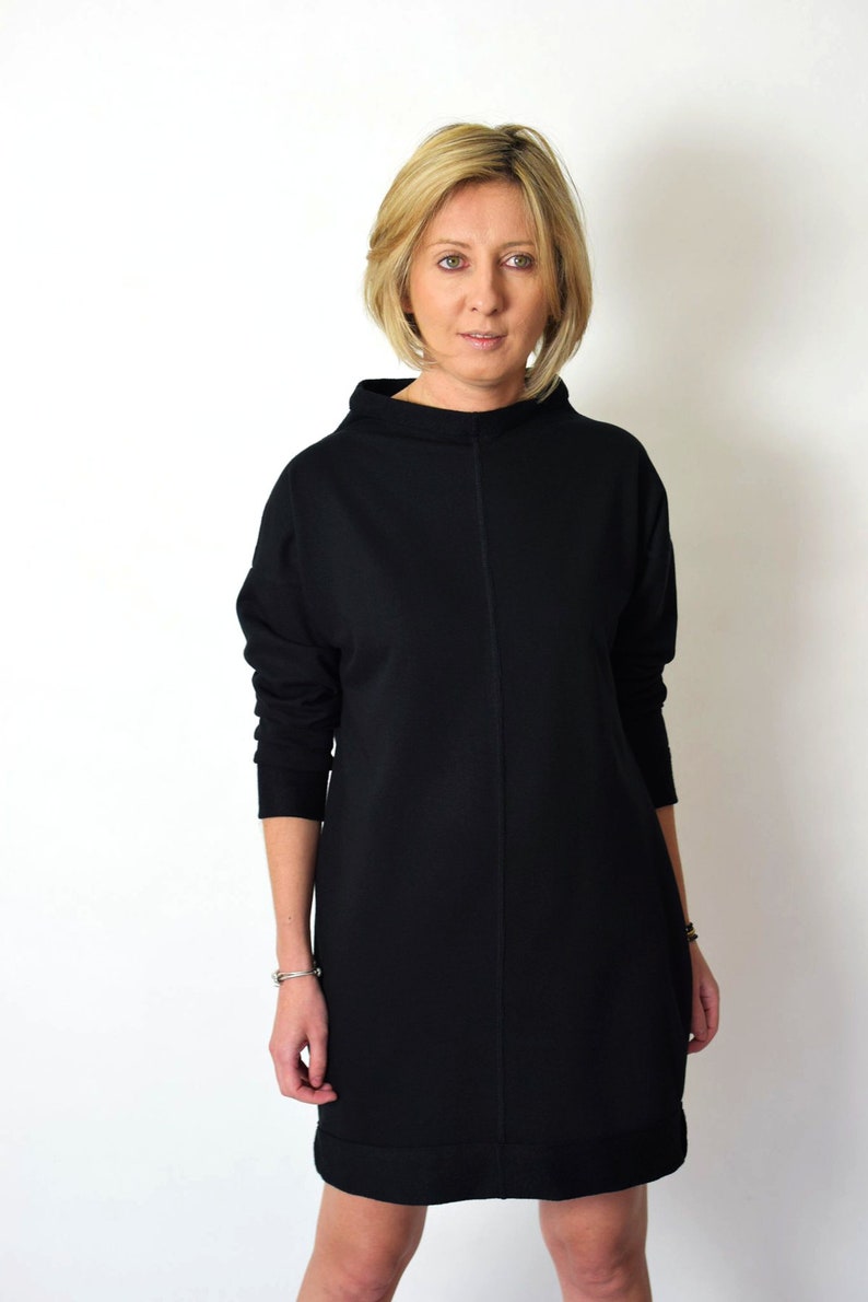 NEMO Robe 100% Coton avec col montant / fabriquée en Pologne / tunique faite à la main / robe ample / coton naturel / mini robe Noir