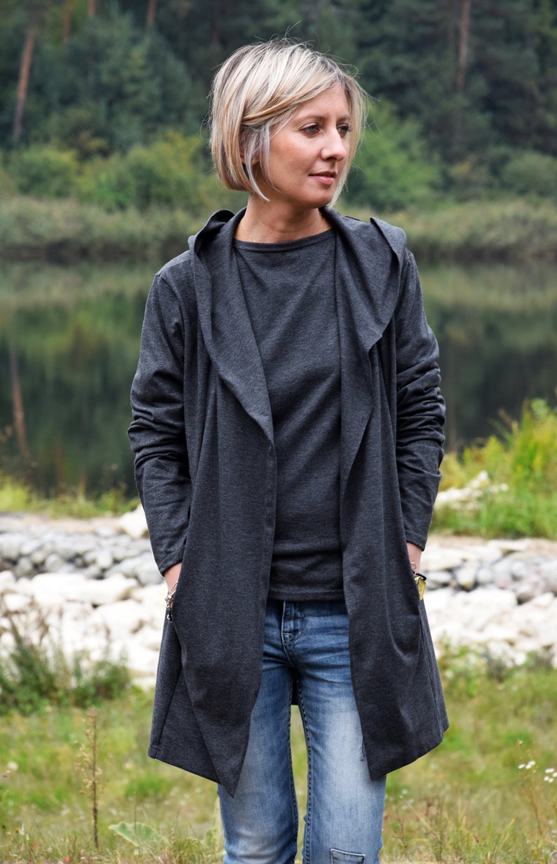 ESLO antracit Graphit Damen Kapuzenpullover ohne Verschluss / Cardigan / 100% Baumwolle / Hoodie mit Kapuze / mit Taschen / lose Strickjacke Graphite