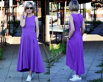 AUDREY - long 100% cotton dress made in Poland / violet dress / handmade dress / with pockets / longer back of the dress / vintage dresses