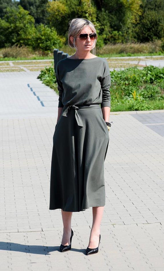 adela midi dress Khaki Cotton Midi Dress, Flared Dress With Belt and Pockets, ADELA
