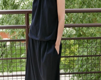 AMIRA - Maxi / long 100% cotton dress / tied at the back / gauzy dress / black long dress / sleeveless dress / black unique dress