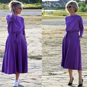 ADELA Midi Robe coton dété évasée / 100% coton / Robe avec poches / robe femme / robe midi / robe pour le travail / Robe violette image 1