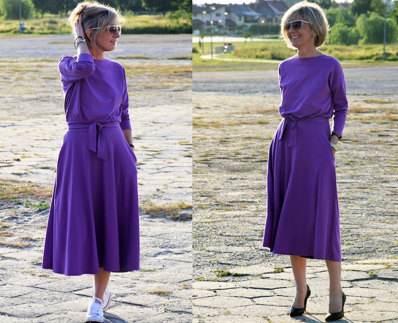 ADELA Midi Robe coton dété évasée / 100% coton / Robe avec poches / robe femme / robe midi / robe pour le travail / Robe violette image 1