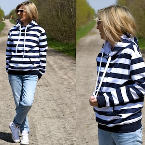 LOVE Sweatshirt mit Kapuze / made in Poland / handgemachte Bluse / Hoodie mit Taschen / Kapuzenpullover Damen / Sweatshirts Winter Stripes