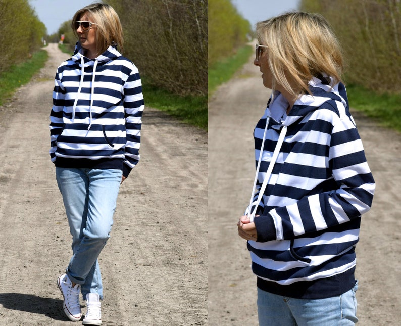 LOVE Sweatshirt mit Kapuze / made in Poland / handgemachte Bluse / Hoodie mit Taschen / Kapuzenpullover Damen / Sweatshirts Winter Stripes