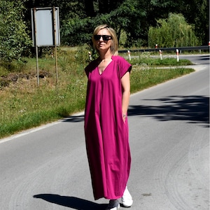 Cotton dress with pockets, long dress with gathers, fuchsia long dresses, Maxi dress, V-neck dress, Dress with a stand-up collar, THERESA