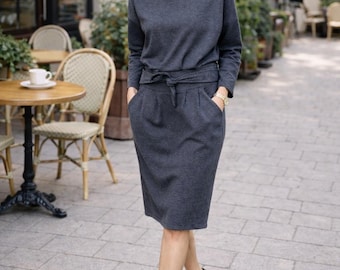 Graphite Midi Dress, Cotton Dress with Pockets and Belt, KIKA