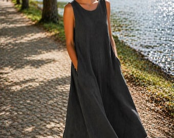 Cotton Maxi Dress with Pockets, Graphite Sleevless Dress