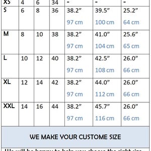 May include: Size chart for clothing with measurements in inches and centimeters. The chart shows sizes XS through XXL with corresponding US, UK, and EU sizes. Measurements are provided for length, bust, and sleeve.