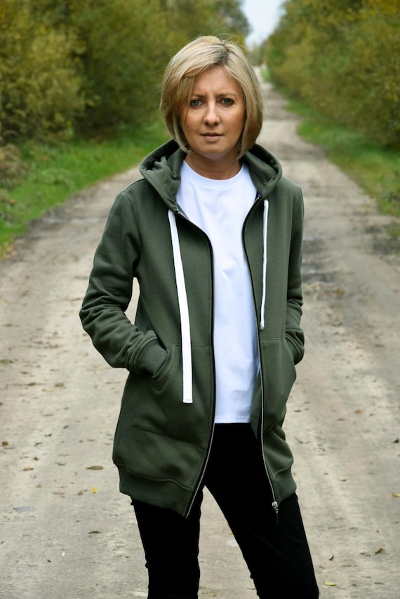 Cardigan con cappuccio in cotone da donna Ddfx - Giacca oversize marrone con zip