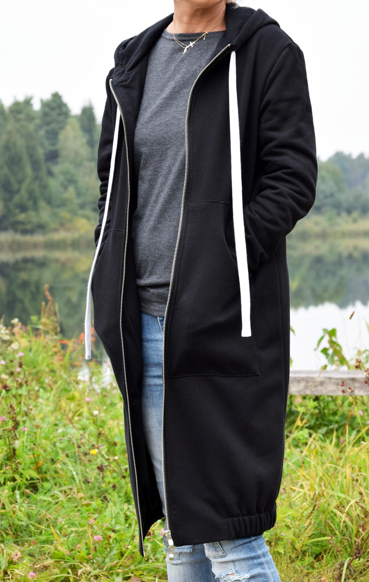 JASPER lange hoodie gemaakt in Polen / warm sweatshirt twee lagen katoen / mouwen afgewerkt met een duimgat / handgemaakt Kleding Dameskleding Hoodies & Sweatshirts Hoodies 