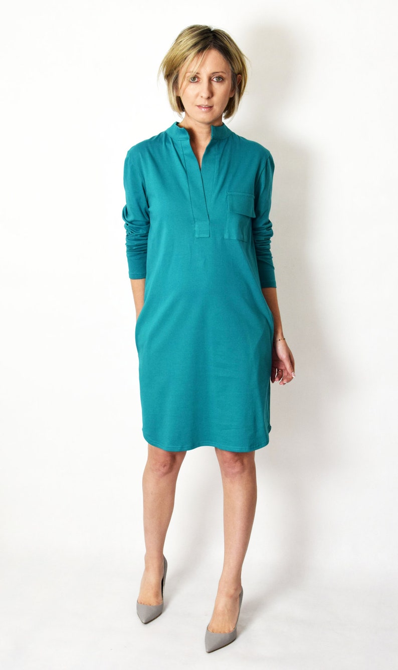 SAHARA 100% Baumwollkleid mit Stehkragen aus Polen / mit Taschen / handgemachtes Kleid / schlichtes Kleid / Vintage Turquoise