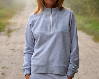 LOKA - cotton sweatshirt / blose with stand-up collar and zip / Handmade Sisters / gray hoodie / zip sweatshirt / for autumn or spring