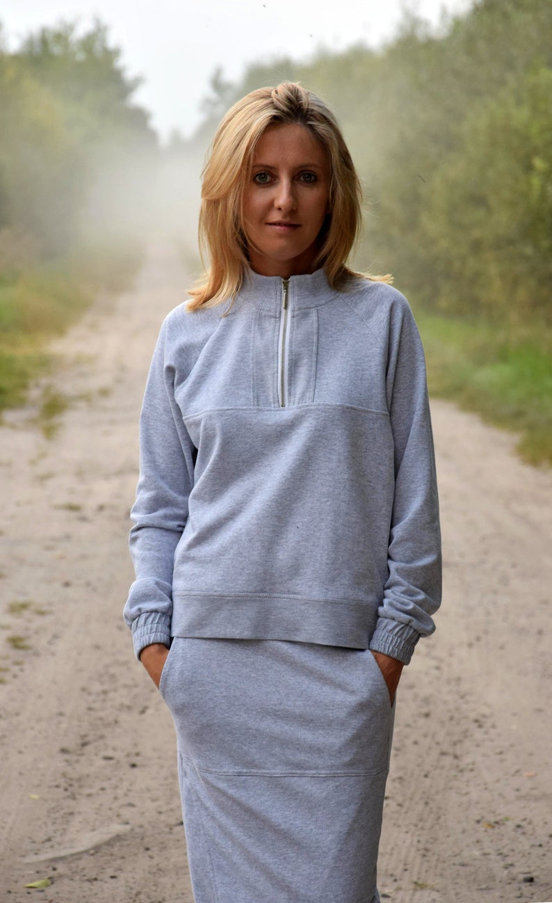 LOKA cotton sweatshirt / blose with stand-up collar and zip / Handmade Sisters / gray hoodie / zip sweatshirt / for autumn or spring image 1