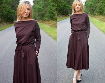 ADELA Midi Robe en coton évasé / Robe de fête / 100% coton / Robe avec poches / Robe femme / robe midi / robe pour le travail / robe marron