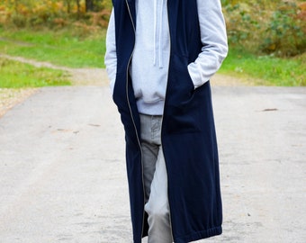 Cotton Long Vest with Hood, Sweatshirt with Pockets, Women Clothes