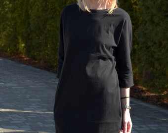 ROXI - cotton midi dress  / simple dress with pockets / made by Sisters in Poland / black tunic / black dress / one colour / 3/4 sleeves