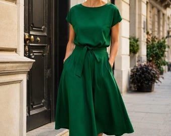 Green Cotton Midi Dress, Tie Waist, Pockets, A-Line, Casual Chic, LUCY
