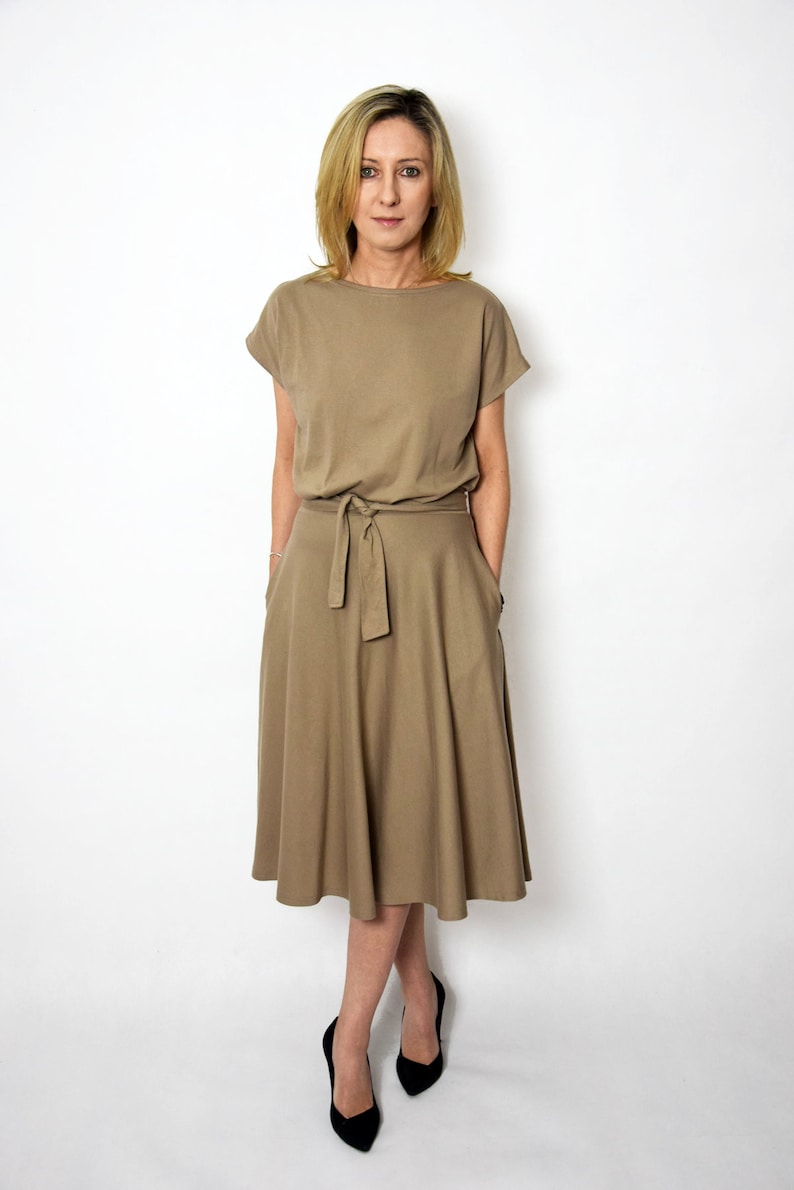 LUCY Midi Flared Baumwollkleid aus Polen / handgemachtes Kleid / 100% Baumwolle / Vintage Kleid / Frühling / Sommer / made in Poland Light brown - mocha