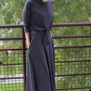 ADELA Midi Graphit Flared Baumwollkleid / Partykleid / 100% Baumwolle / Kleid mit Taschen / Damenkleid / Midikleid / Kleid mit Ärmeln Bild 2
