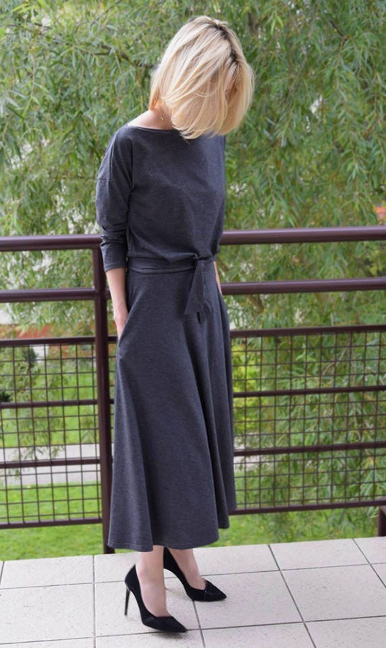 ADELA Midi graphite Robe de coton évasée / Party Dress / 100% coton / Robe avec poches / robe femme / robe midi / robe à manches image 2