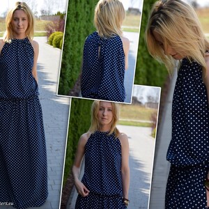 Polka Dot Swing Robe longue robe coton robe marine a pois avec poches printemps Robe 2022 faite a la main robe pointillee robe dete 2022 Etsy France