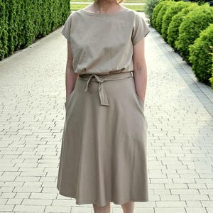 Cotton Midi Dress with Pockets, Mokka Short Sleeve Dress, size S-XXL, LUCY