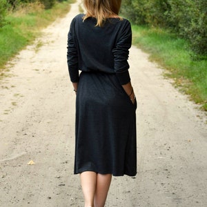 ROSE Baumwollkleid mit Gürtel Graphit / Langarm und Taschen / Midikleid / made in Poland / Vintage Kleid / handgemachtes Kleid / Midi Bild 3