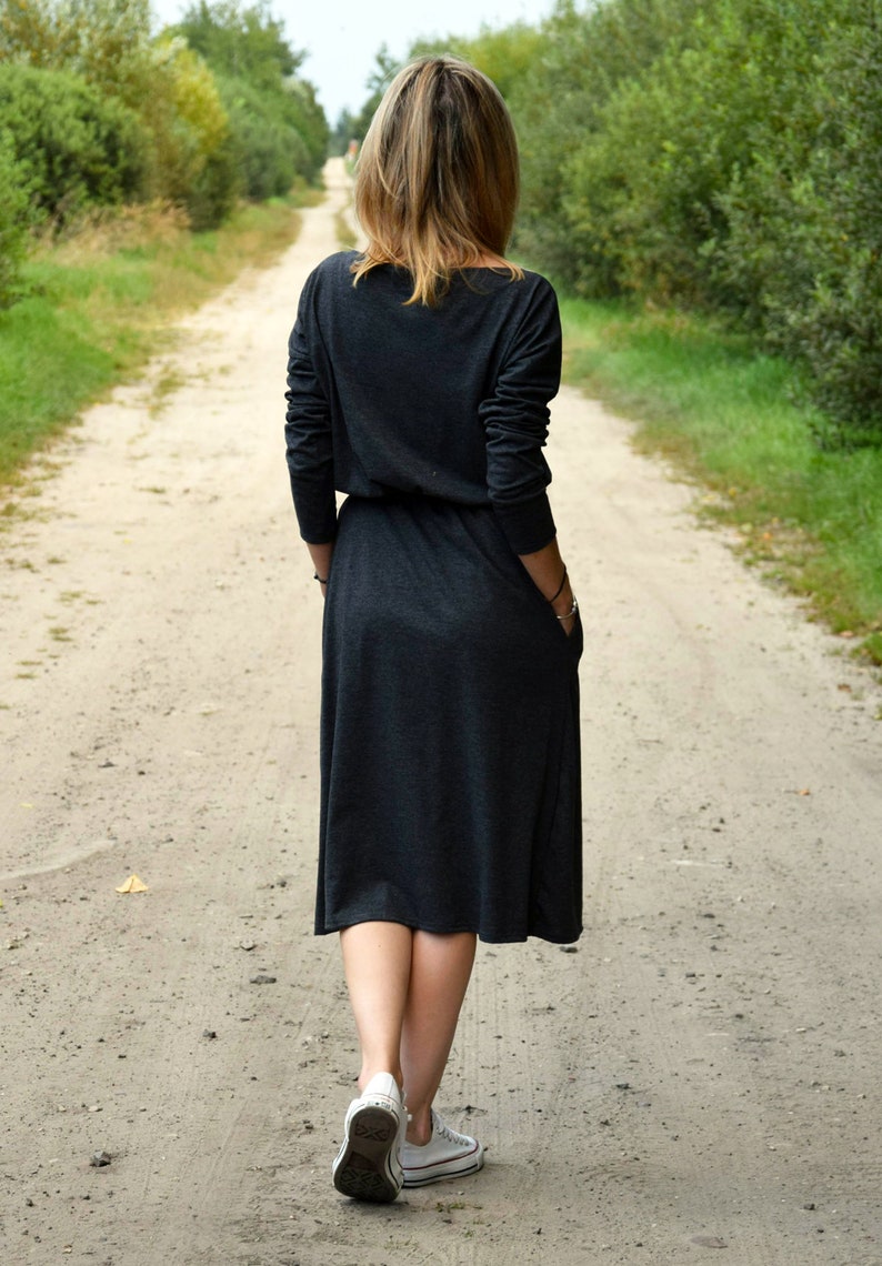 ROSE Baumwollkleid mit Gürtel Graphit / Langarm und Taschen / Midikleid / made in Poland / Vintage Kleid / handgemachtes Kleid / Midi Bild 3