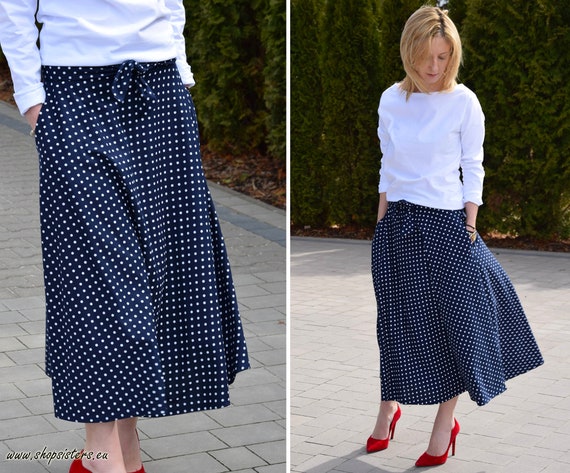KLAUDIA marineblauwe katoenen rok in stippen van het wiel 7 8 rok met een strik zomerrok lange rok volledige rok met zakken Etsy Nederland