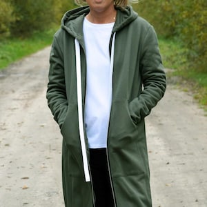 Long Cotton Zip-Up Hoodie, Thumbhole Sweatshirt, Cozy Outerwear image 4