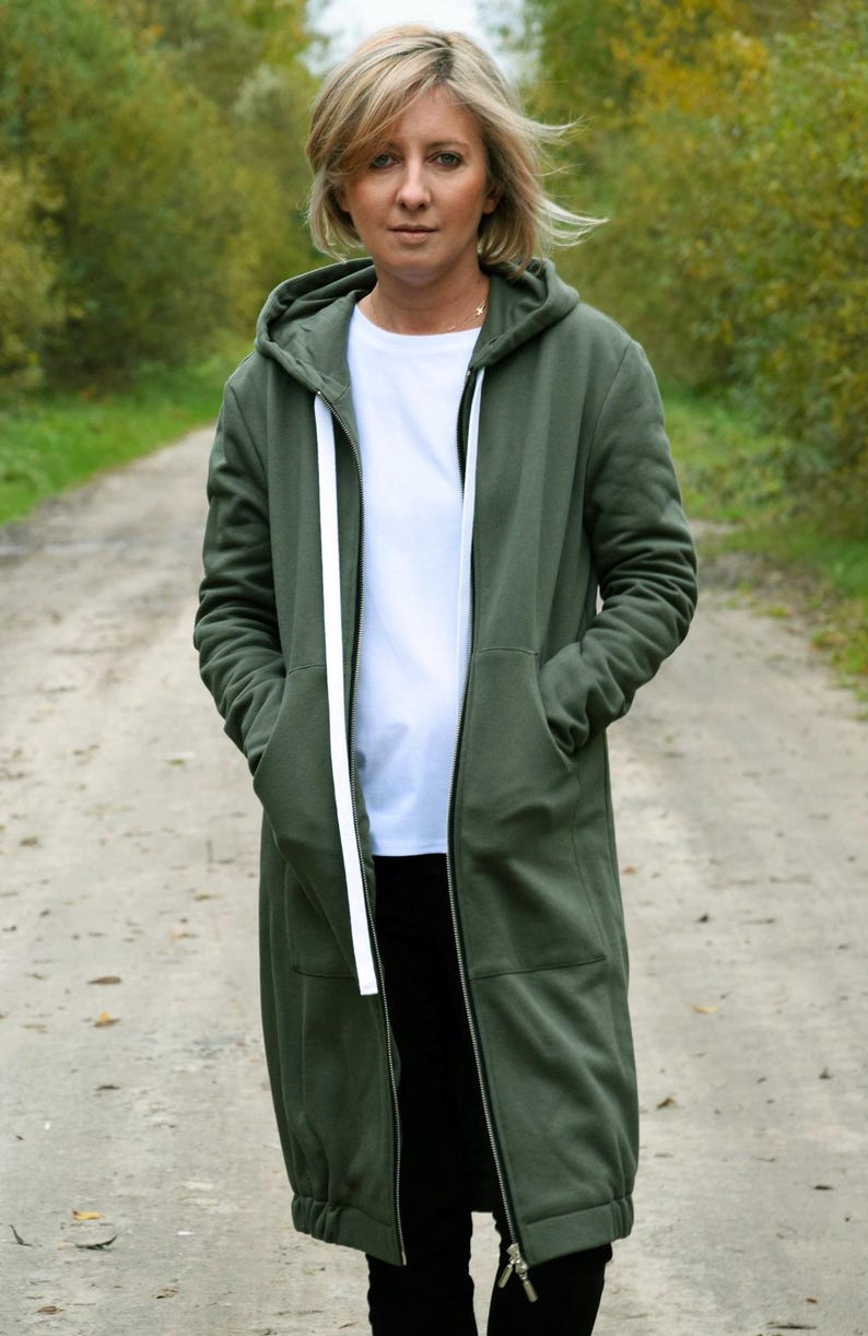 Long Cotton Zip-Up Hoodie, Thumbhole Sweatshirt, Cozy Outerwear image 4